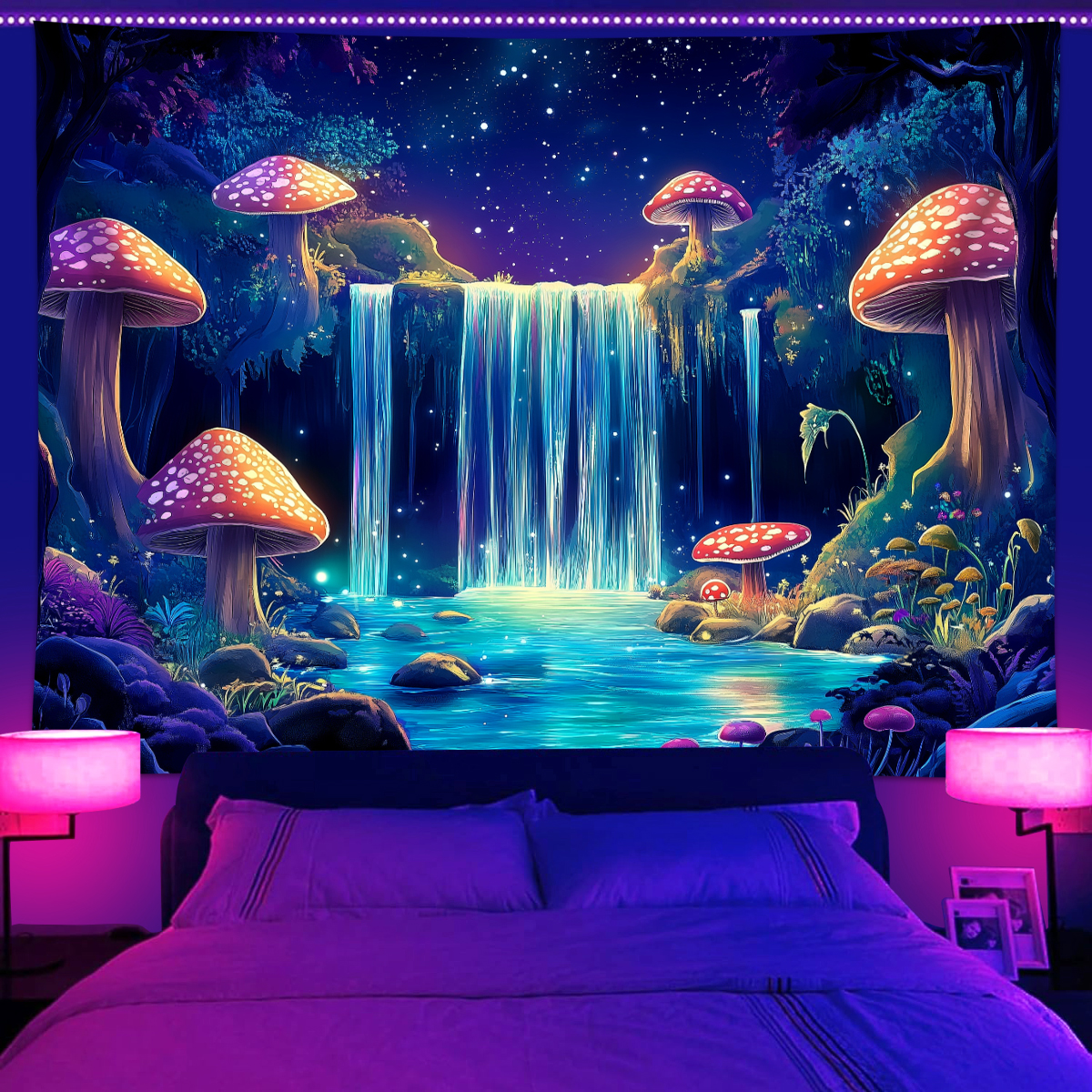 Aesthetic Tapestry - 1pc Fluorescent mushroom tapestry, UV reactive