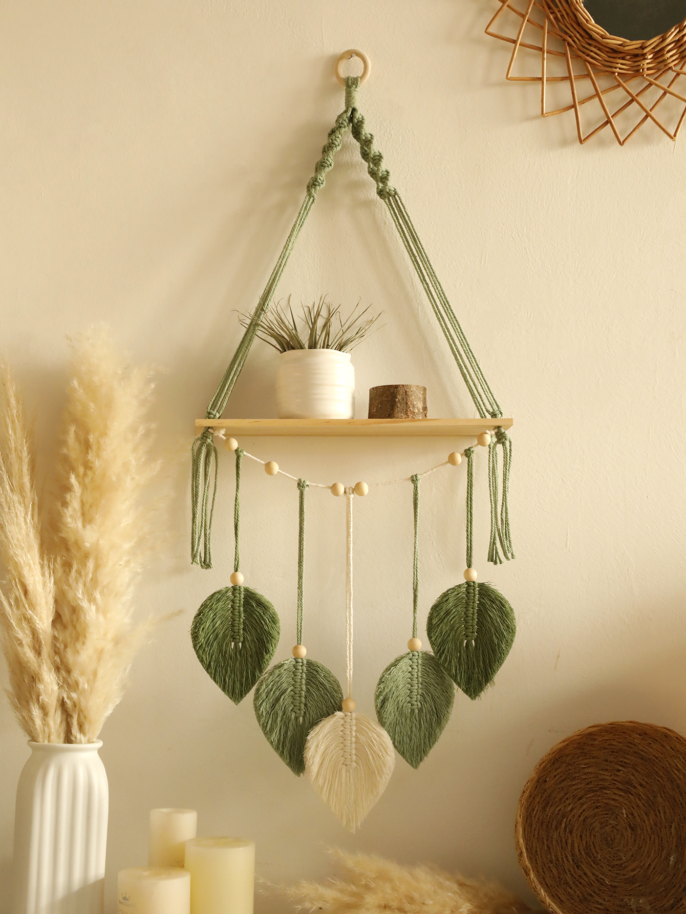 Home Decor Yoga - Leaf Macrame Floating Shelf Tapestry Art