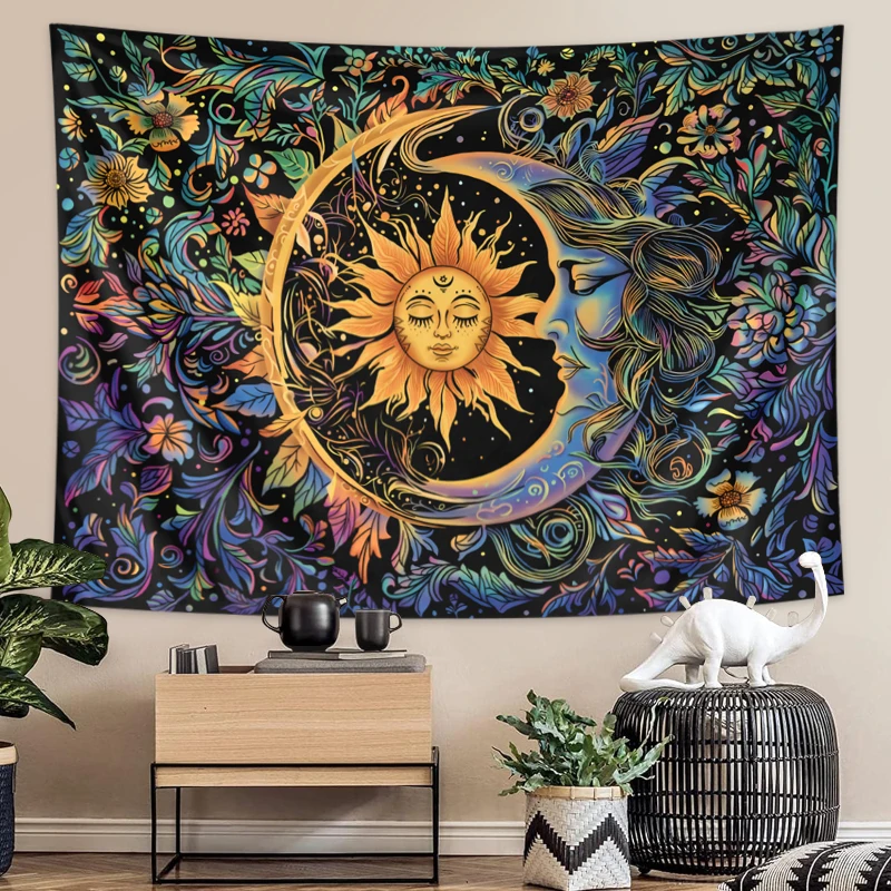 Aesthetic Tapestry - Sun and Moon Tapestry, Mystic Floral