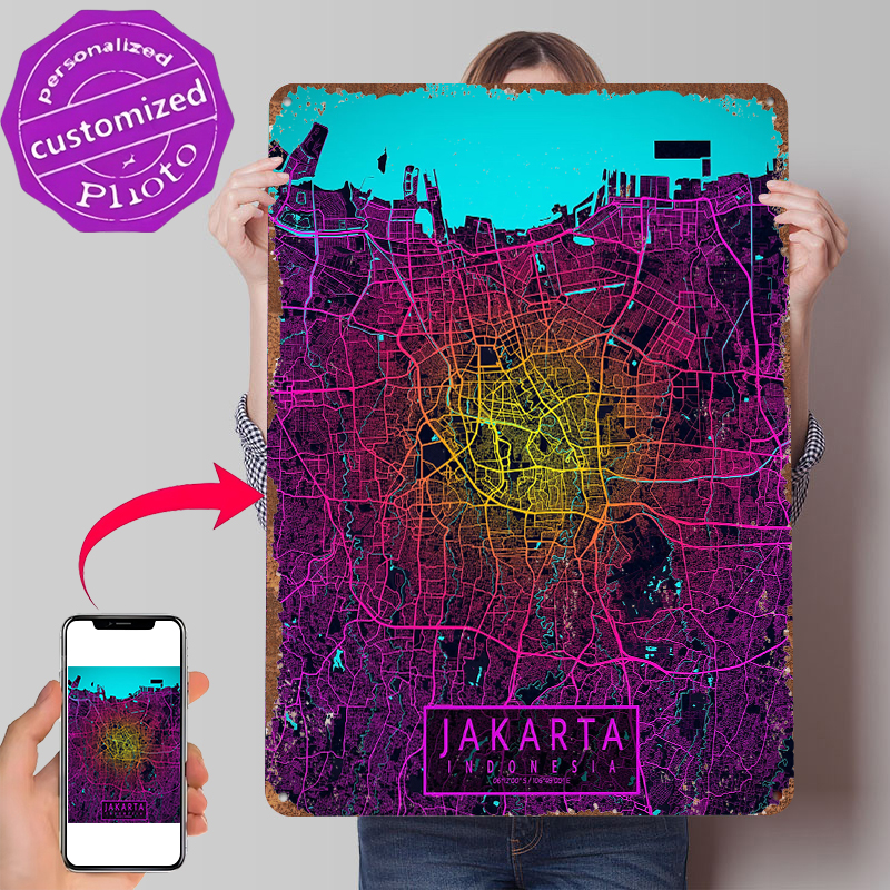 Home Decor Jakarta - Jakarta City Map Neon Tin Poster