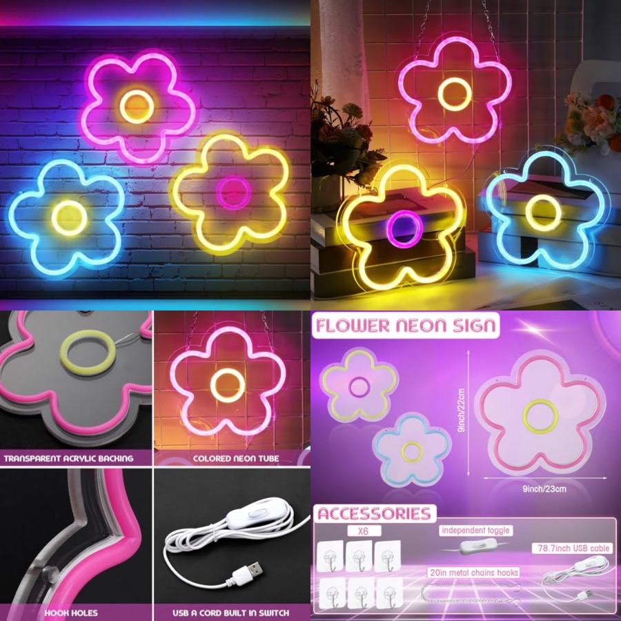 Home Decor Retro - 3 Pcs Flower Neon Sign Light