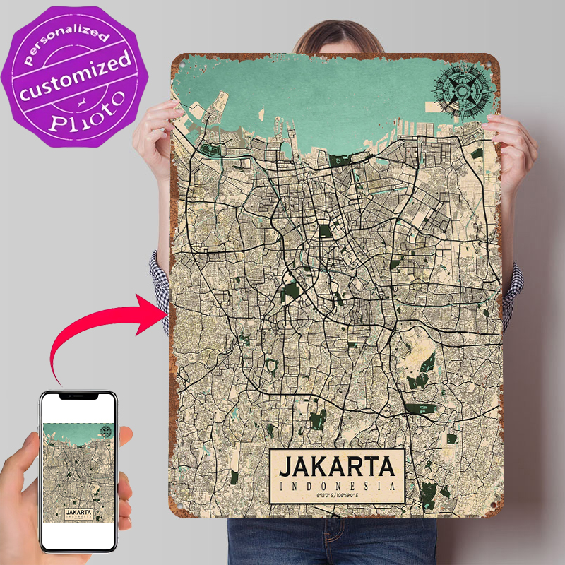 Home Decor Jakarta - Jakarta City Map Vintage Metal Poster