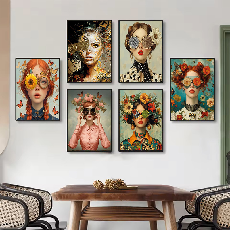 Home Decor Japandi - Nordic Abstract Glasses Flowers Woman Wall
