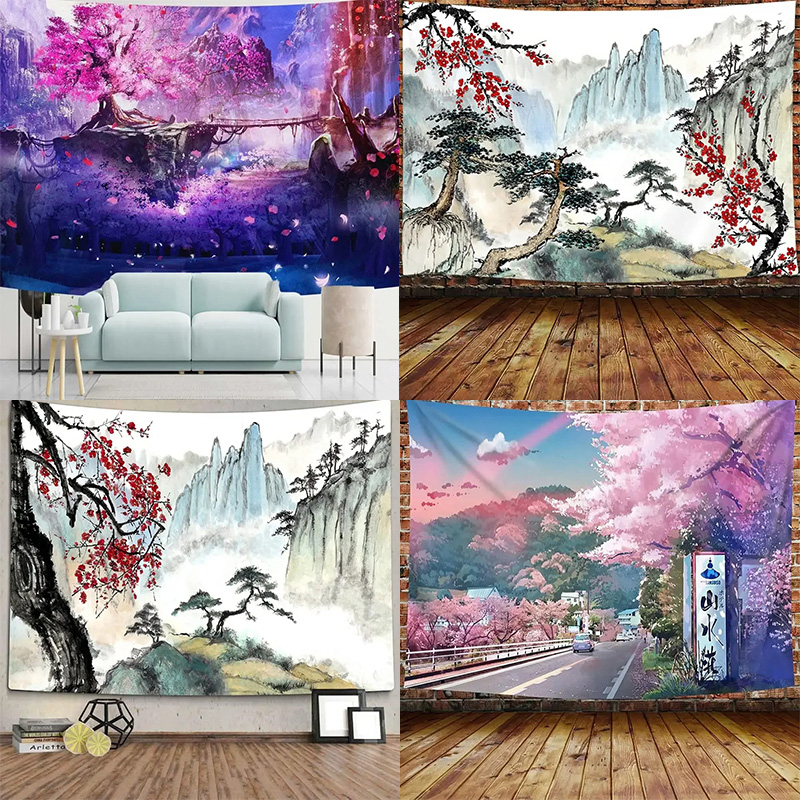 Aesthetic Tapestry - Japanese Mountains And Cherry Blossom Tapestry