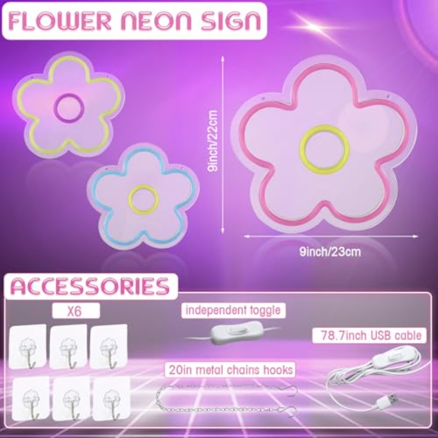 3 Pcs Flower Neon Sign Light u – обзор и цена Home Decor Retro
